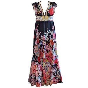 NWT Dalia Macphee Black Floral Plunging Neckline Boho Peasant Maxi Dress Sz L
